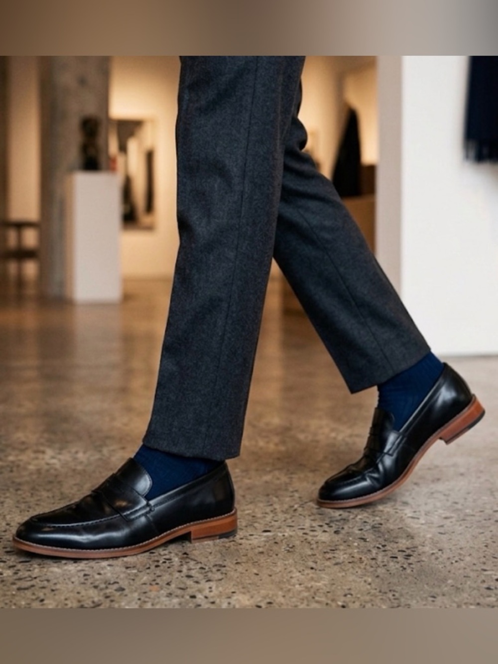 Nau Black Leather Penny Loafers with Brown Sole